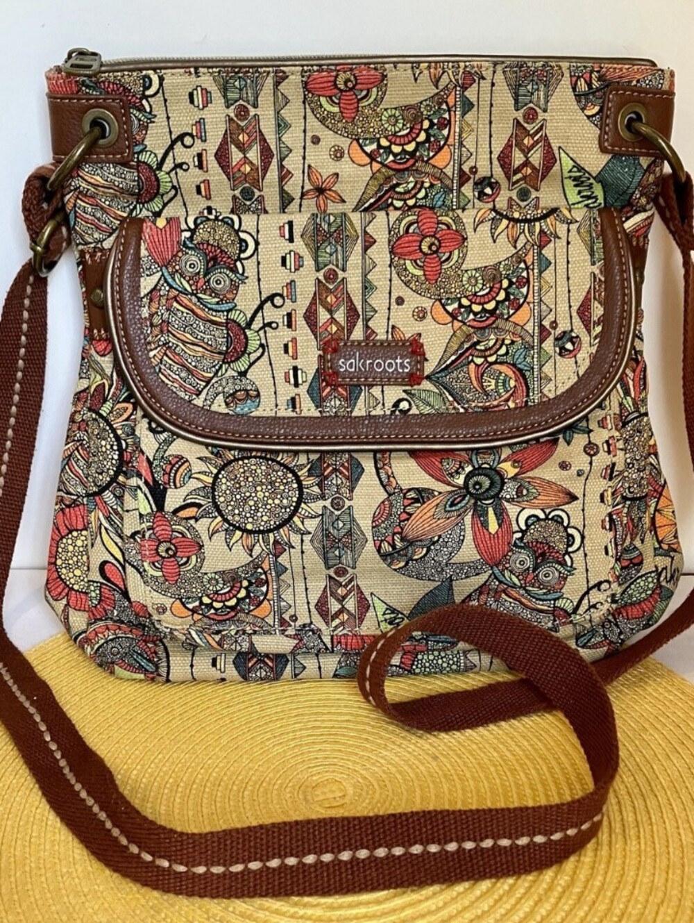 Rare Sakroots Multicolor Floral Canvas Crossbody with Brown Trim